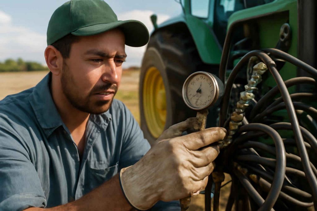 Mecânico agrícola inspecionando o sistema de freio a ar em trator agrícola