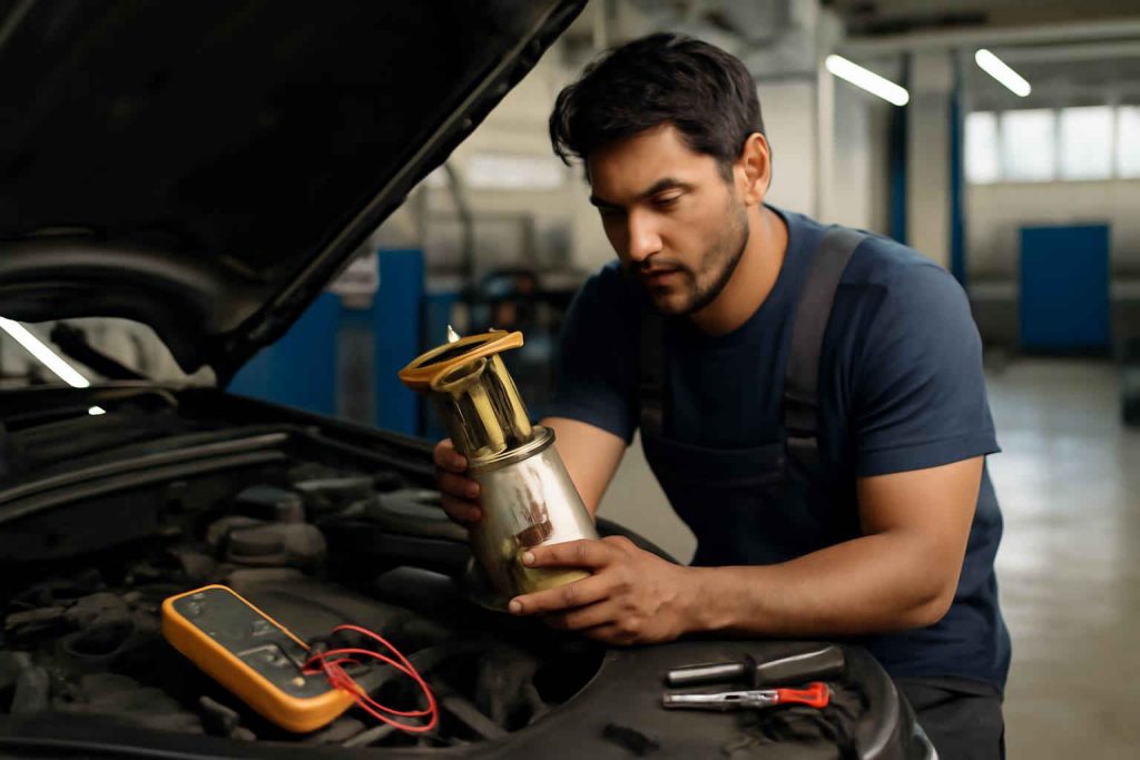 Mecânico substituindo a bomba de combustível de um carro popular em oficina