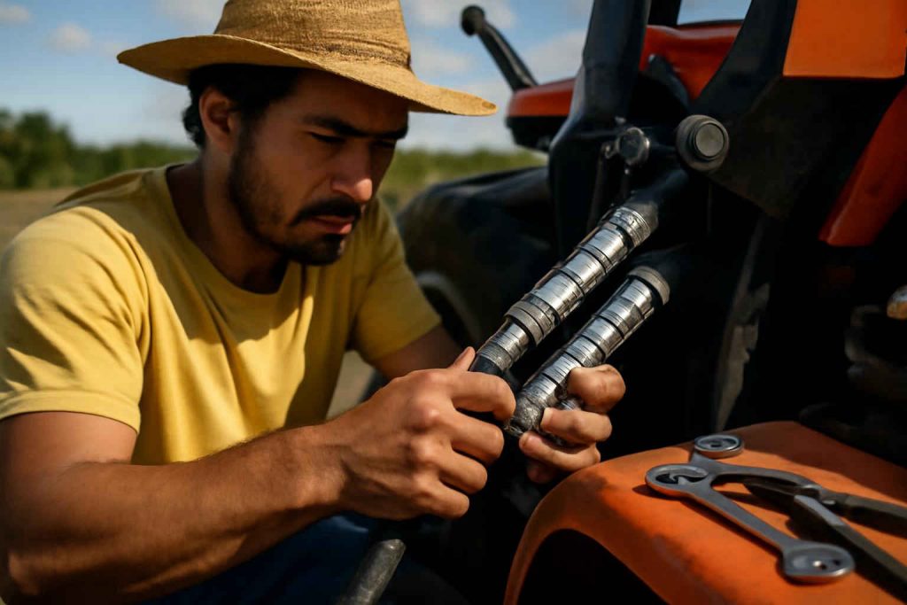 Homem trocando mangueira hidráulica em trator agrícola em ambiente rural