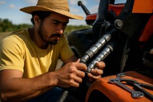 Homem trocando mangueira hidráulica em trator agrícola em ambiente rural