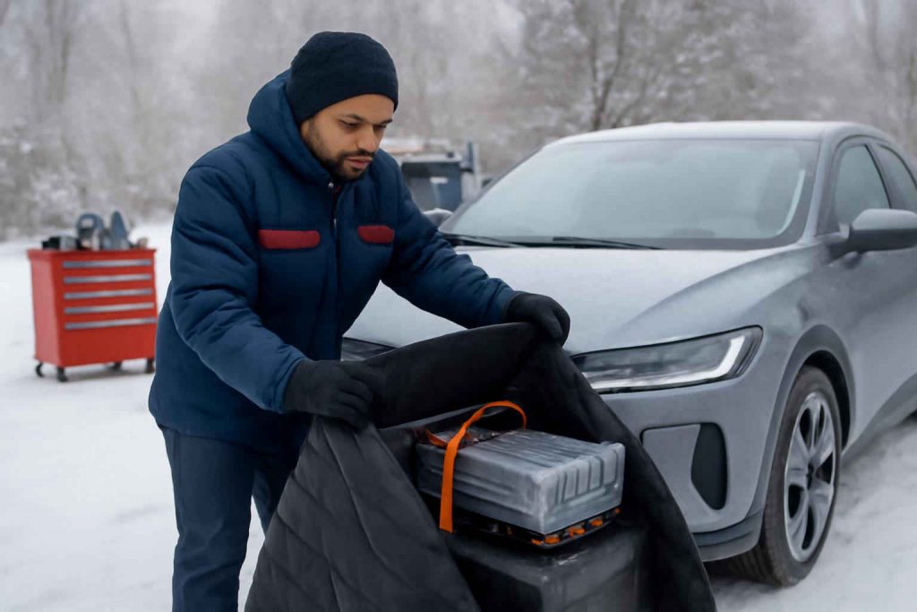 Técnico preparando bateria de carro elétrico para aquecimento em clima frio