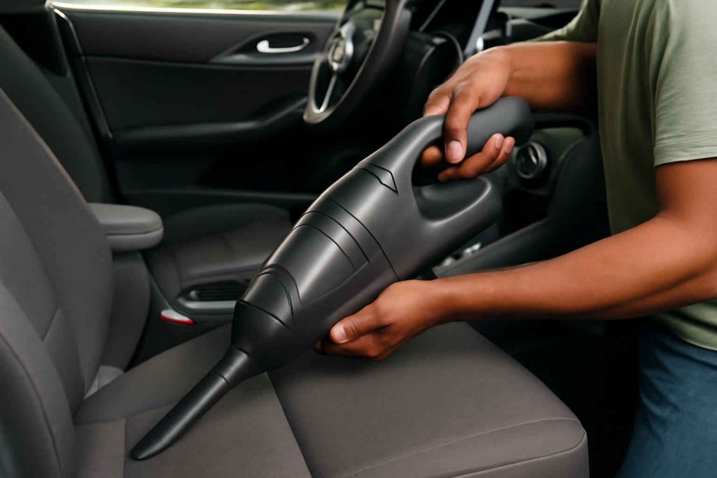 Aspirador portátil sem fio sendo usado para limpar o interior de um carro