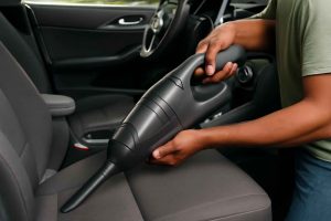 Aspirador portátil sem fio sendo usado para limpar o interior de um carro