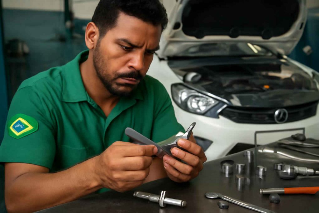 Técnico ajustando a folga da vela em oficina automotiva