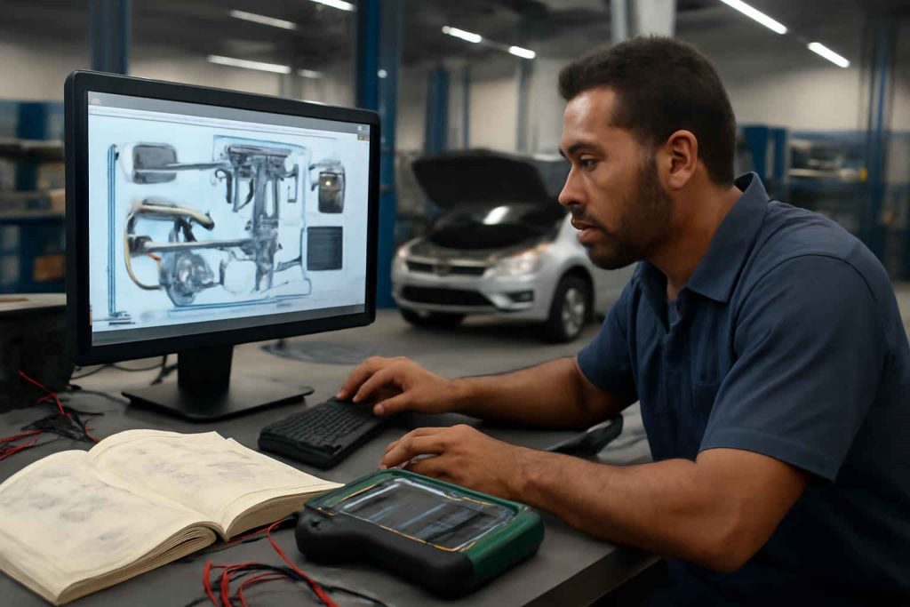 Mecânico brasileiro estudando sistemas de injeção eletrônica Bosch em oficina moderna
