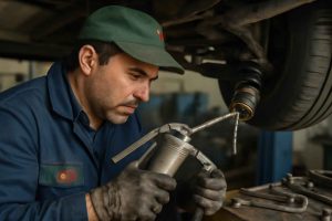 Mecânico aplicando graxa automotiva em rolamento