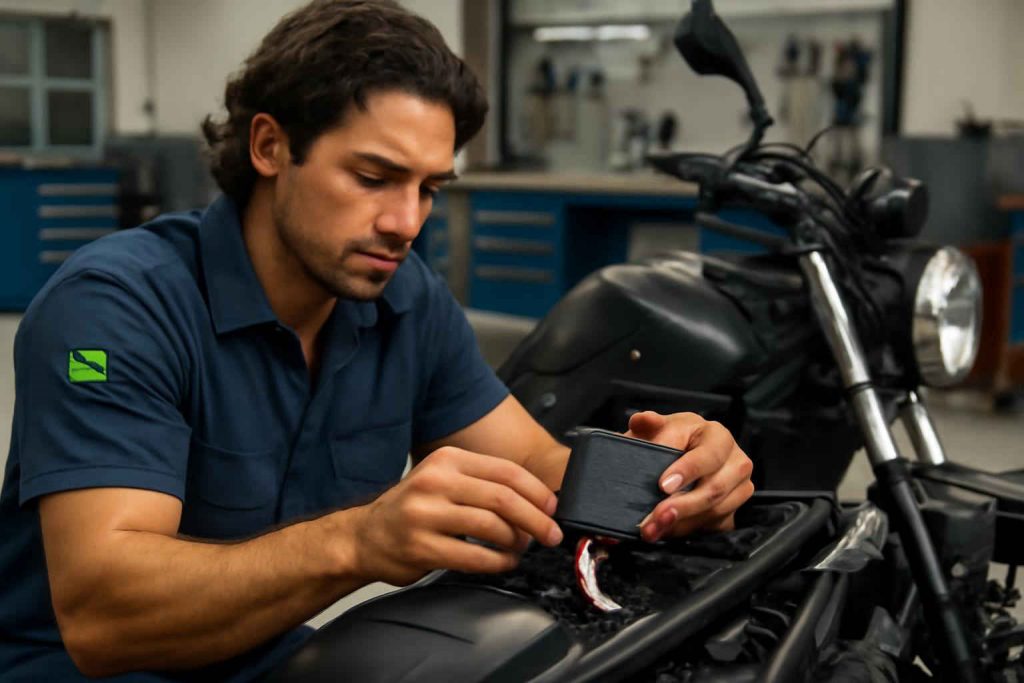 Mecânico instalando centralina de potência em moto popular