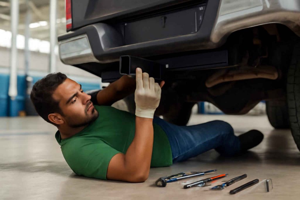 Mecânico instalando engate de reboque em pick-up em oficina bem iluminada