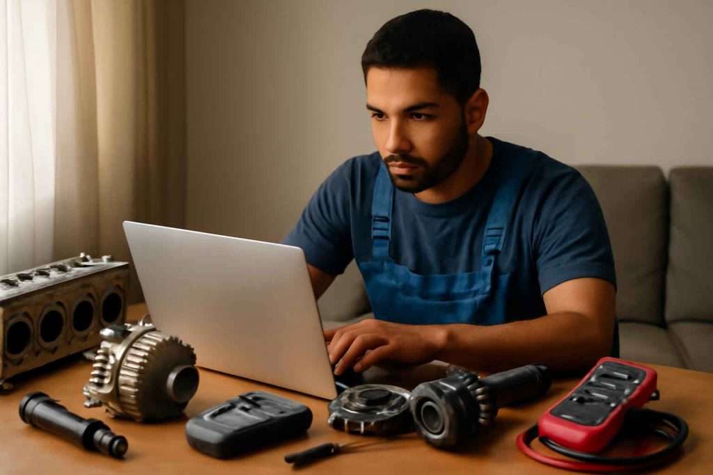 Homem estudando mecânica automotiva online com laptop e ferramentas