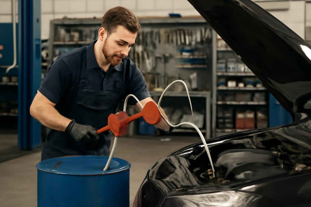 Mecânico usando bomba de transferência de óleo manual em oficina automotiva