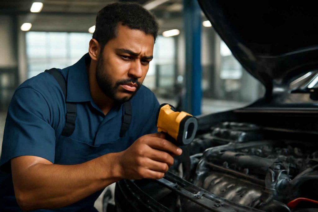 Mecânico medindo temperatura do motor com termômetro infravermelho automotivo