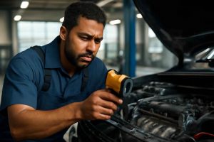 Mecânico medindo temperatura do motor com termômetro infravermelho automotivo