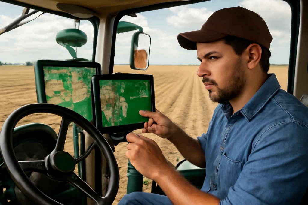 Trator moderno em fazenda usando sistema de piloto automático agrícola com GPS