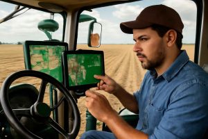 Trator moderno em fazenda usando sistema de piloto automático agrícola com GPS
