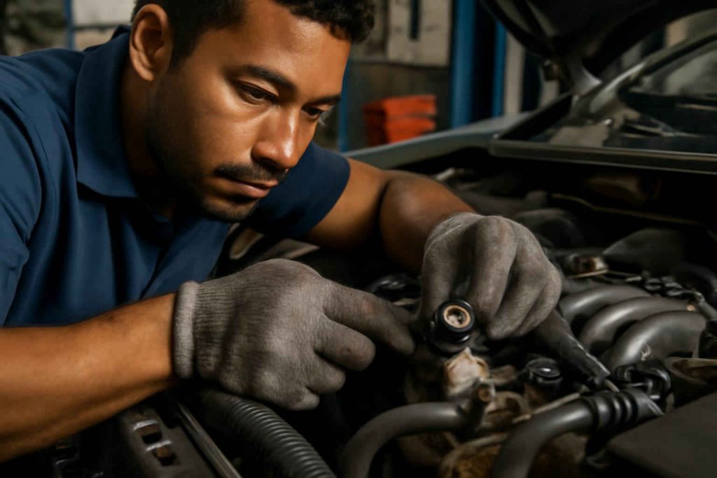 Mecânico instalando sensor de detonação em motor de carro popular