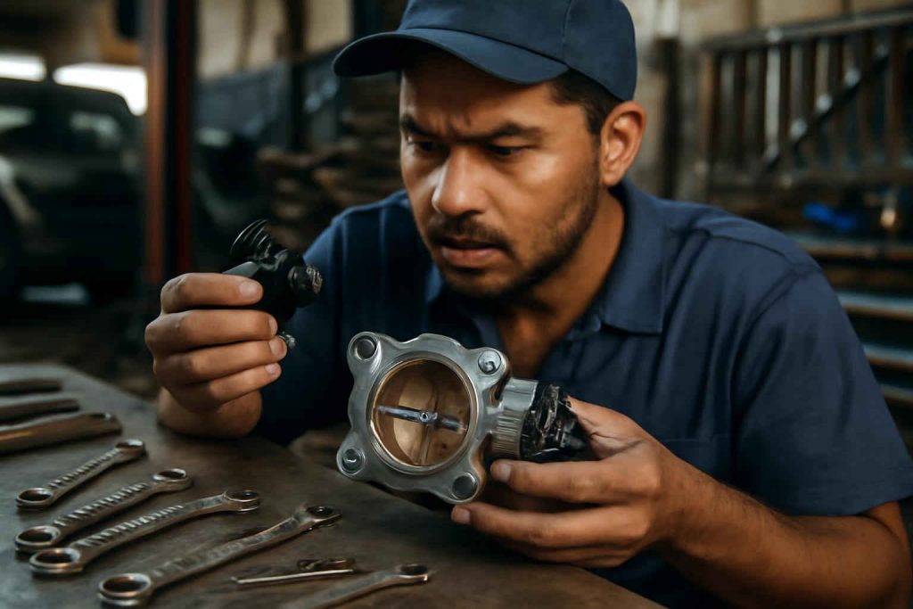 Mecânico brasileiro inspecionando o corpo de borboleta e sensor TPS em uma oficina automotiva
