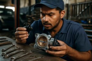 Mecânico brasileiro inspecionando o corpo de borboleta e sensor TPS em uma oficina automotiva