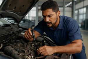 Mecânico removendo válvula PCV do motor de um carro popular em uma oficina