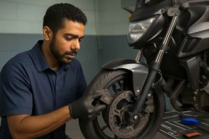 Mecânico trocando pastilhas de freio de disco em motocicleta em oficina
