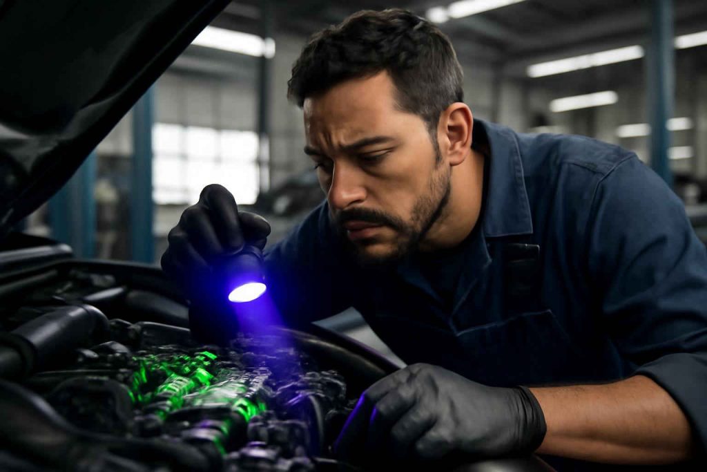Mecânico usando detector de vazamento de óleo UV para inspecionar motor de carro