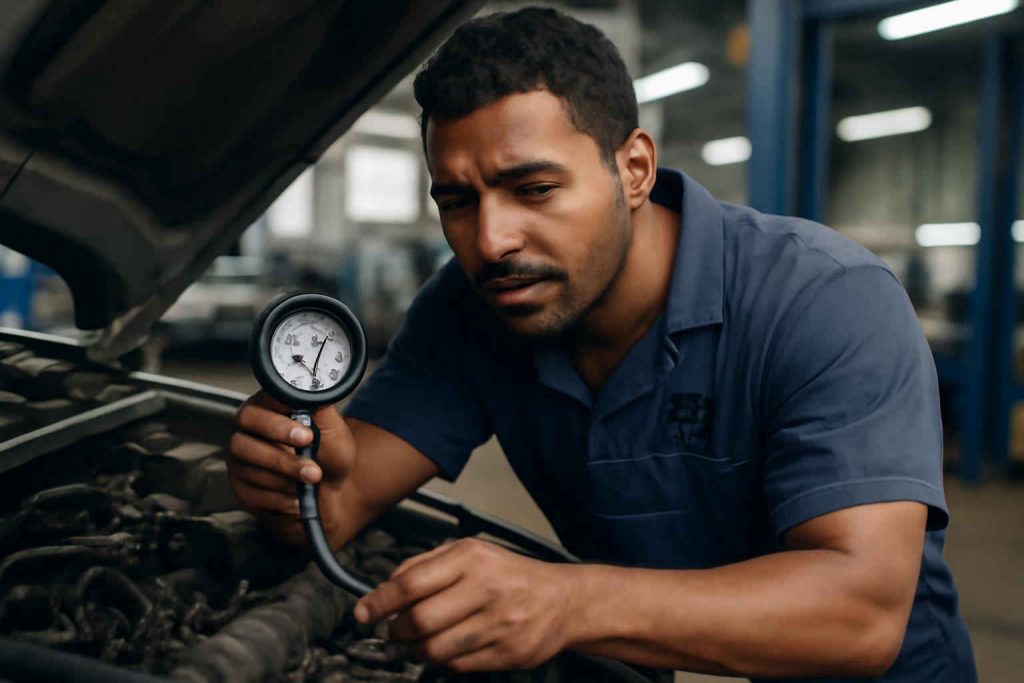 Mecânico ajustando manômetro de pressão de óleo manual em um motor