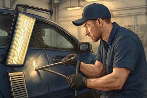 Mecânico removendo amassados de carro usando ferramentas de martelinho de ouro sem pintura