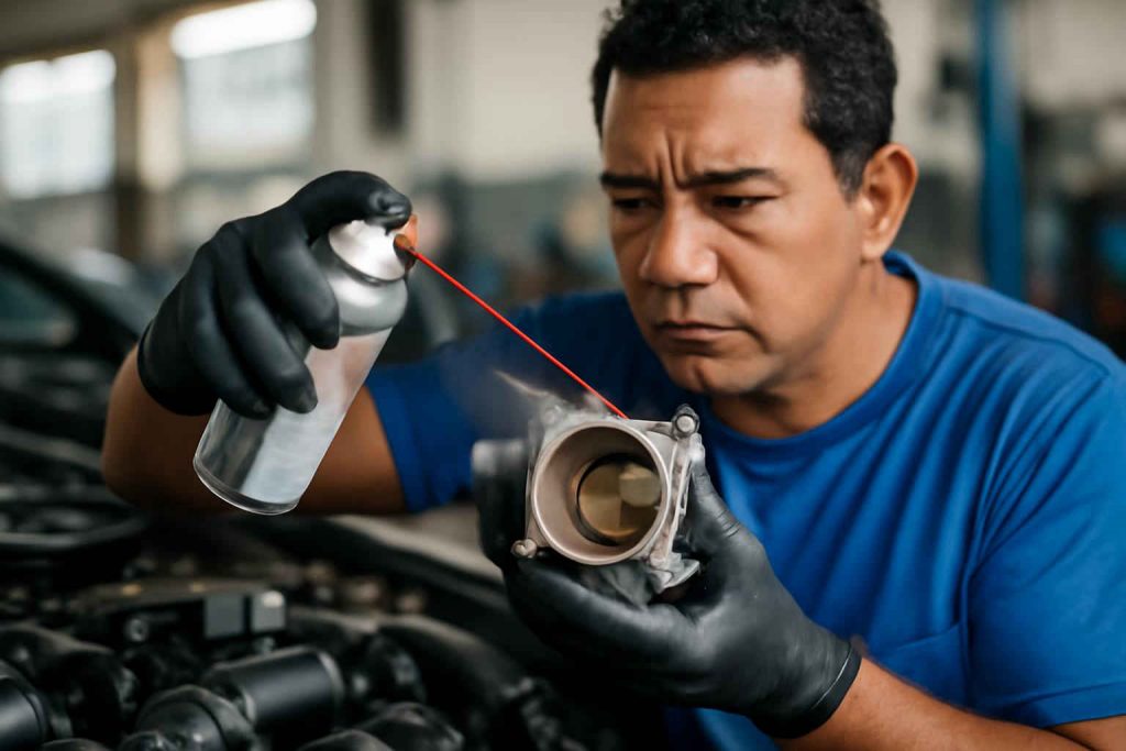 Mecânico limpando o corpo de borboleta de um carro com spray de limpeza