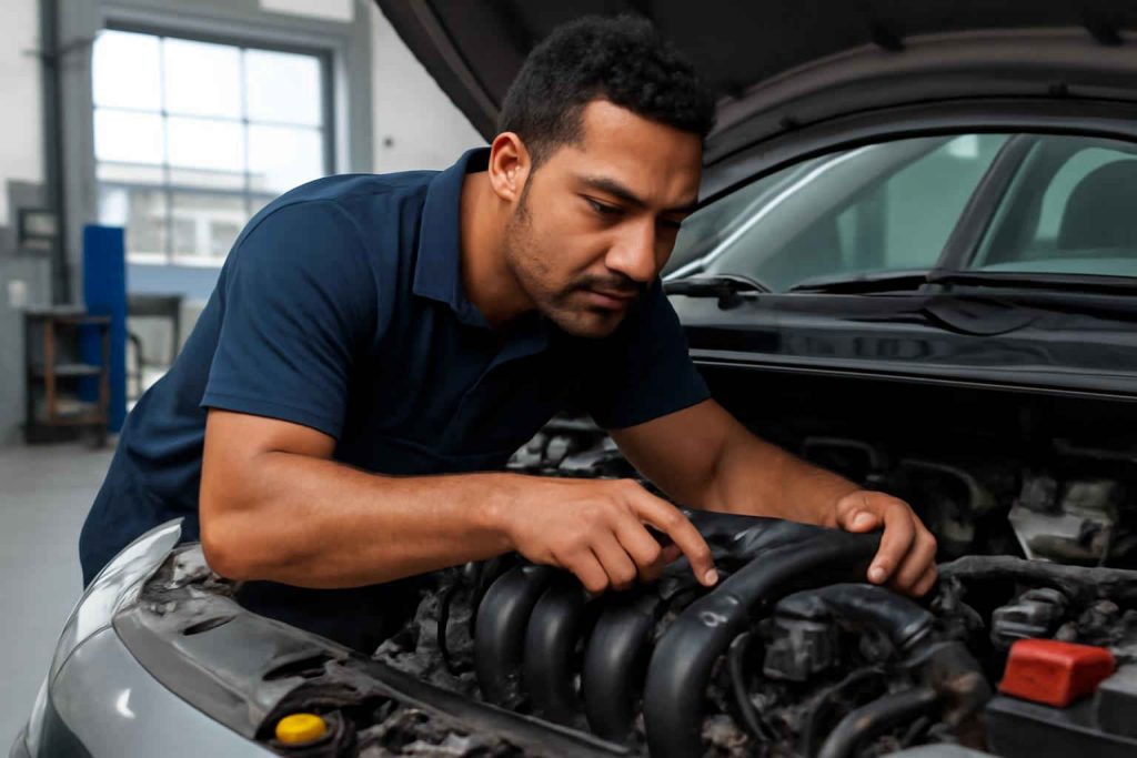 Mecânico instalando sensor MAP em carro popular
