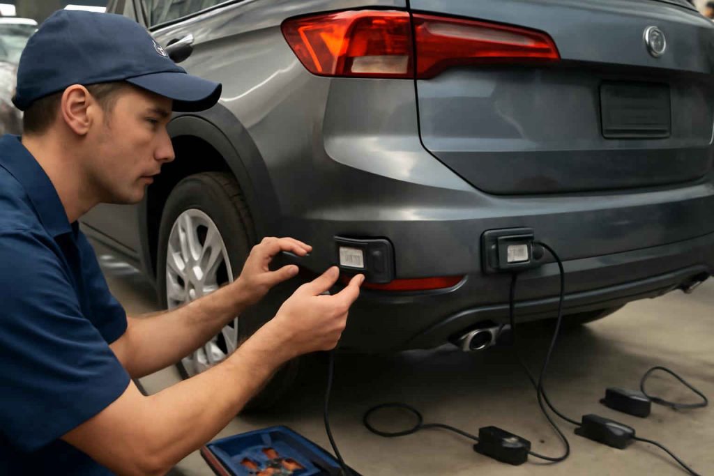 Mecânico instalando sensores de ponto cego na traseira de um SUV em oficina