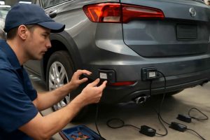 Mecânico instalando sensores de ponto cego na traseira de um SUV em oficina