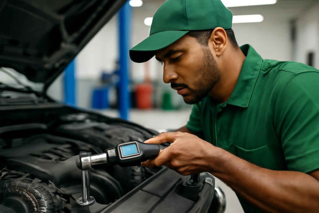 Mecânico brasileiro usando chave dinamométrica digital em motor de carro