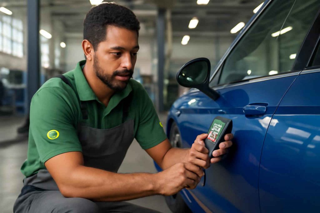 Mecânico usando medidor de espessura de pintura automotiva em carro azul