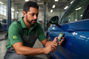 Mecânico usando medidor de espessura de pintura automotiva em carro azul