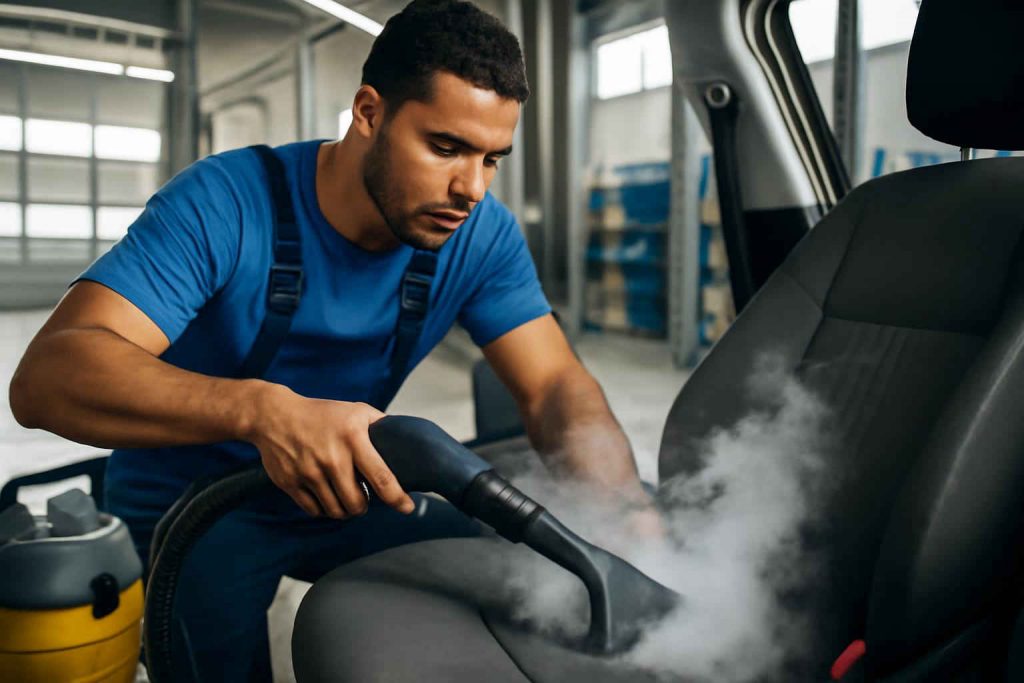 Mecânico usando máquina de limpeza a vapor automotiva portátil para limpar estofados de carro em garagem
